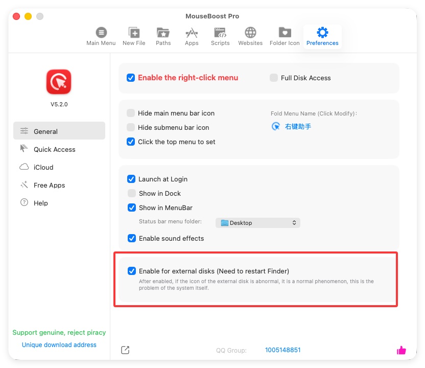Enable external disks in MouseBoost settings