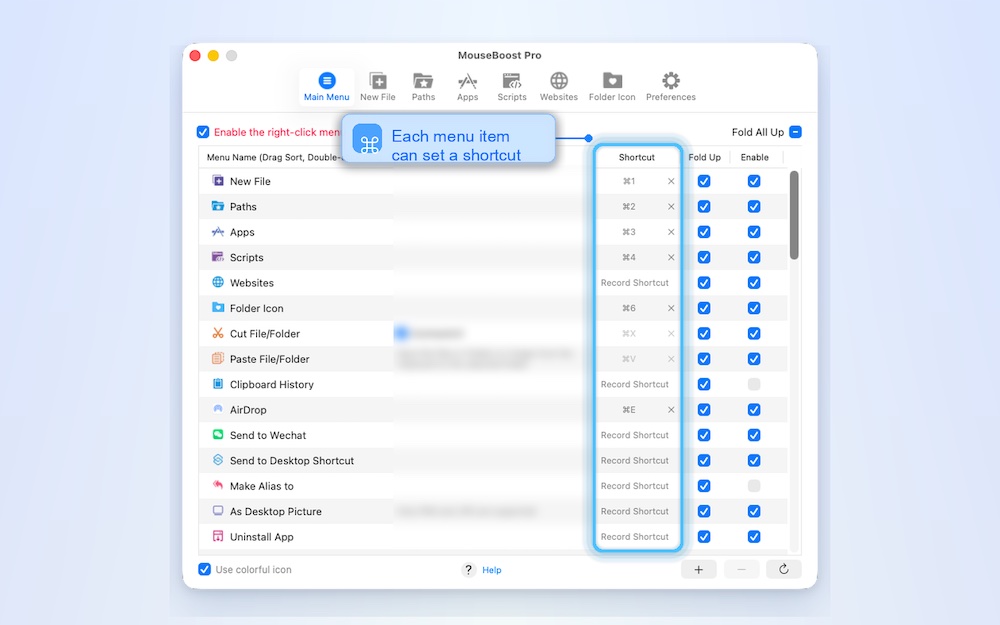 MouseBoost menu shortcut settings